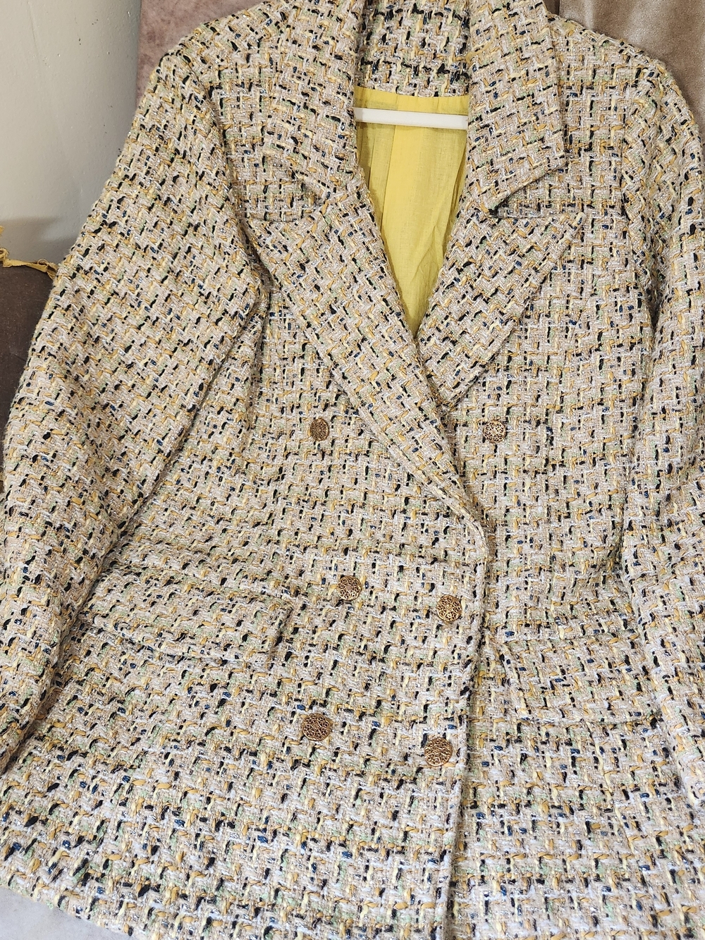 POL Double-Breasted Tweed Blazer Cream & Yellow Accents, Brass Buttons